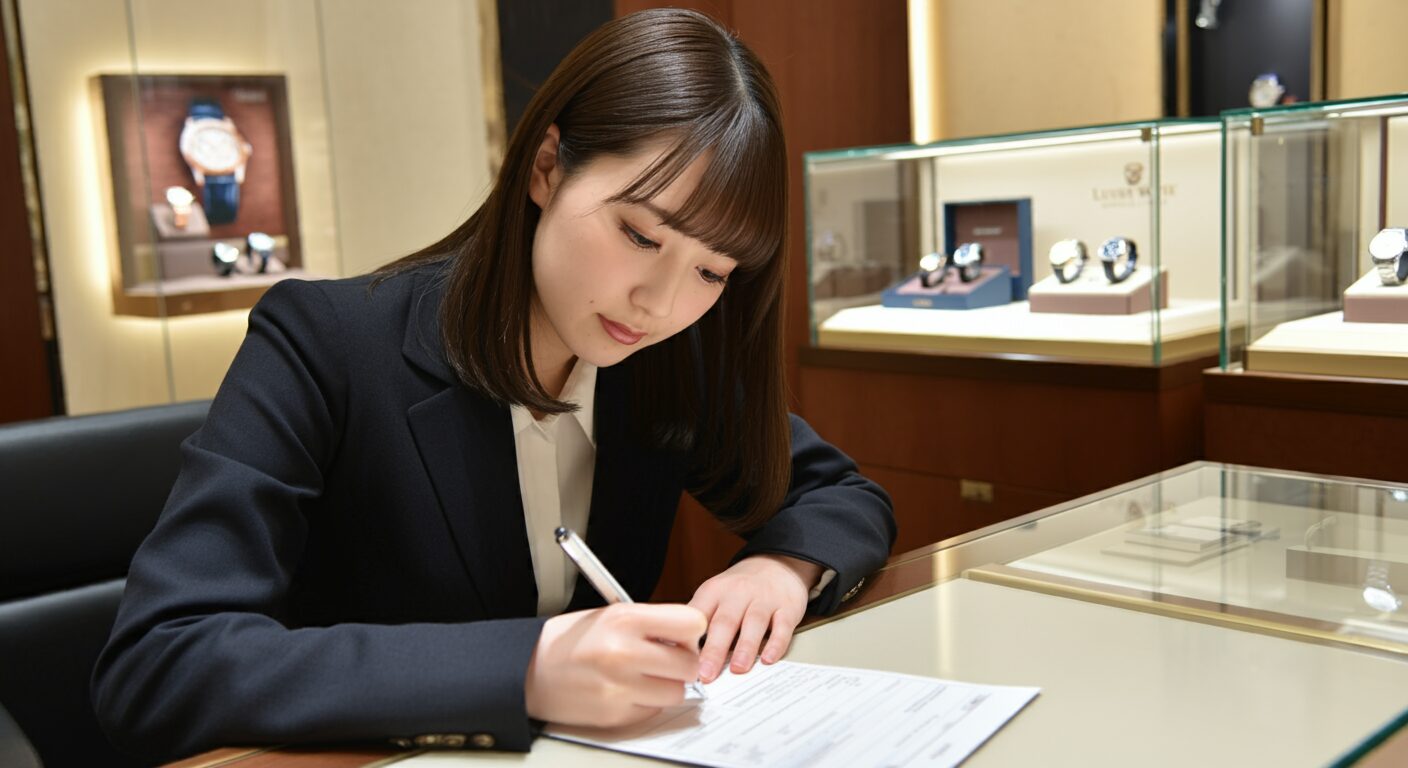 ロレックスのローン審査書類を記入している女性客